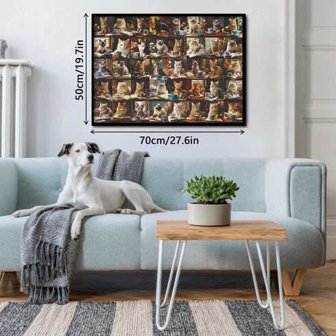Cat Puzzles for Adults 1000 Pieces, Vintage Animal Collage Jigsaw Puzzle with 40 Coffee Book Cats
