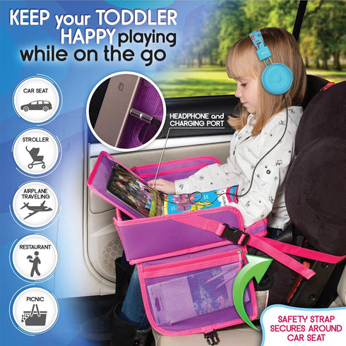 Kids Travel Tray, Waterproof Car Tray for Kids, Lap Desk with Storage for Toddler Travel