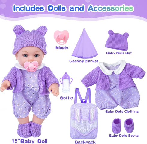 ZNTWEI 12 Inch Backpack Playset Backpack, 3 Baby Doll with Washable Dolls and Accessories Includes Bottles, Nipple