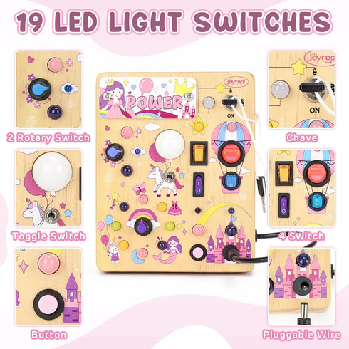 19 10 1 2 3 1-3 Joyreal Busy Board with LED Lights and Switches, Montessori Toys for Year Old, Wooden Sensory Activity