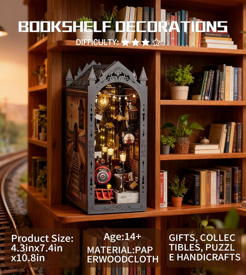 DIY Book Nook Kit,DIY Dollhouse Booknook Bookshelf Insert (Fantasy Train Platform)