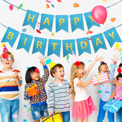 Clabby Glitter Happy Birthday Banner, Shiny Letters Hanging Signs for Party Supplies Backdrop Decoration, Blue