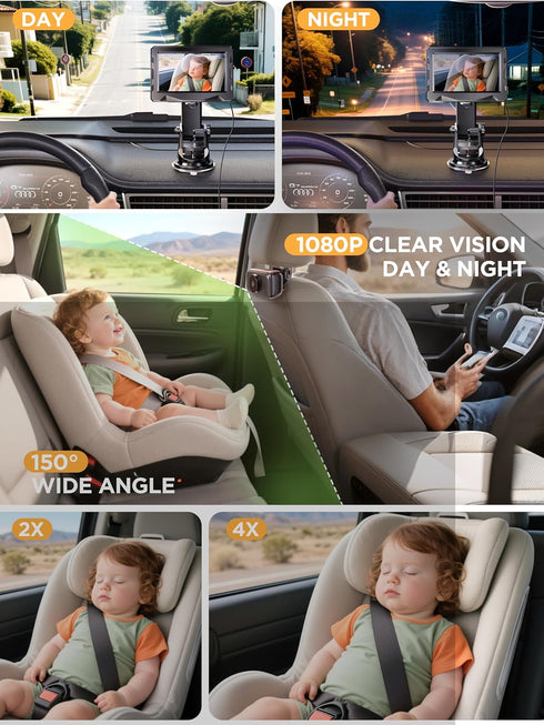 NUOTUN 40 4.3'' 1080P 360 Wireless Baby Car Camera - Hours Rechargeable Battery with Auto Sleep & Night Vision, HD