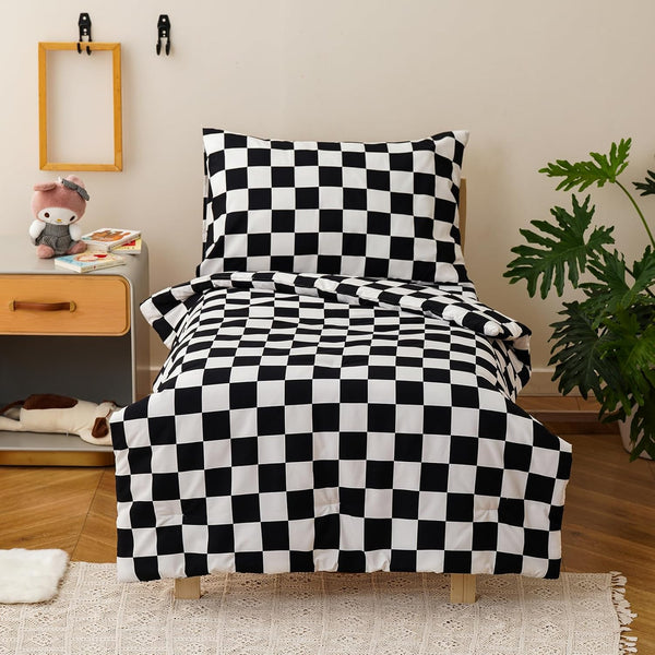 KAREVER Grid Toddler Bedding Set Black White Checkered 4 Pieces Crib Bed