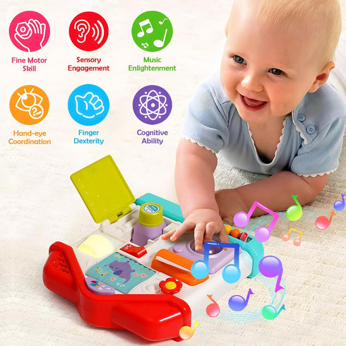1 12-18 1 Baby Busy Board for Year Old, Musical Montessori House Busy Board with Light & Music, Toddler Activity Toy