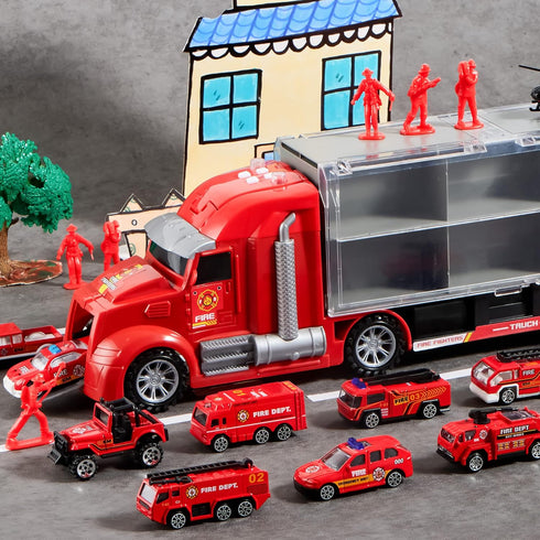 JOYIN 25 in 1 Fire Truck Vehicle Toy Set with Sounds and Lights, Mini Rescue Fire Truck Car Toy for Boys Over 3
