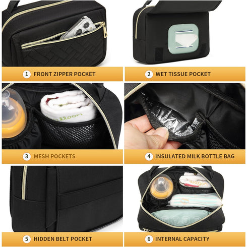 Small Diaper Bag with Portable Changing Pad, Crossbody Pack, Mini Fanny Pack for Baby Travel, Black