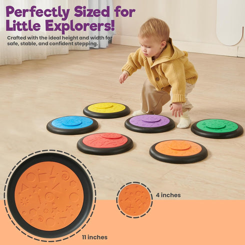 Pack 6, 3+ Sensory Stepping Stones for Kids of Classic Colors Autism-Friendly Balance Stones | Non-Slip Indoor Activity