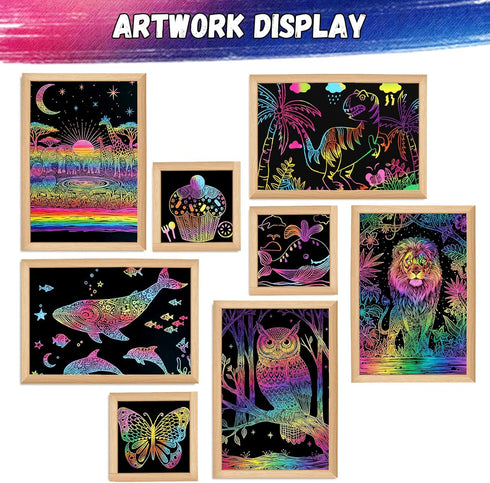 100 4-8 8-12 Scratch Art for Kids, Funtopia Sheets Rainbow Scratch Paper, Black Scratch Off Paper Craft Kits, School