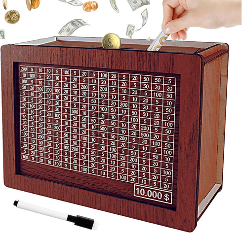 10000 Dollar Cash Target & Numbers Wooden Money Savings Box, Perfect Cash Saver & Gift for Friends (Dark Brown)