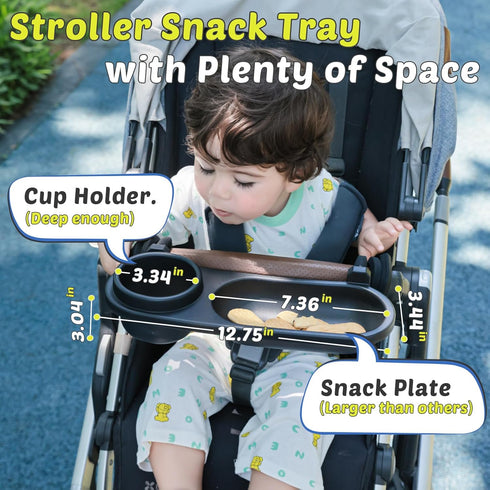 Universal Snack Tray for Stroller, Cup Holder Tray with Flexible Silicone Arm Gripper, Stays in Place Tray Attachment