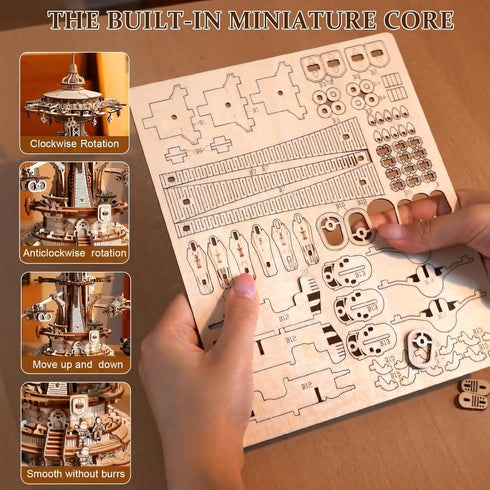 Wtufaelk 3D Wooden Puzzles for Adults Mechanical Music Box - Sky City Rotating Model Building Kits | Wood Puzzle DIY