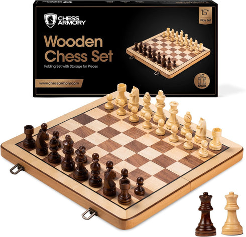 Chess Armory Premium Chess Set - Wooden Board Game with Portable Wood Case, Secure Storage for Kids and Adults (Beech