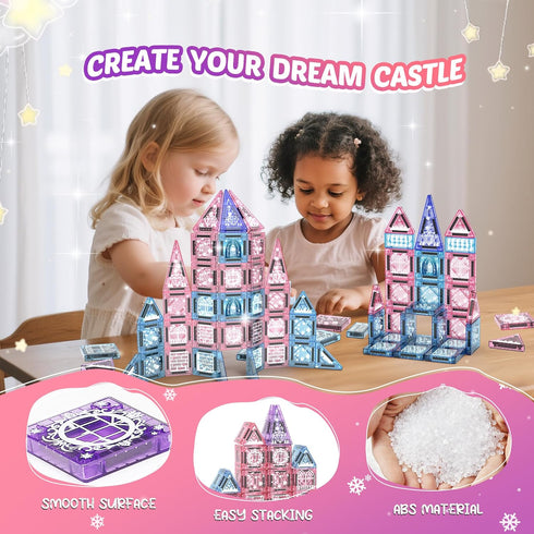 Windidi 2 3-5 4-8 8-12 Magnetic Tiles Princess Toys, Princess Castle Travel Magnetic Blocks with Metal Box & Dolls