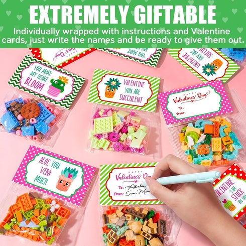 Qinline 24 Pack 6-12, Easter Gifts for Kids Succulents Flower Bouquets Building Blocks with Gift Cards for School, Boy