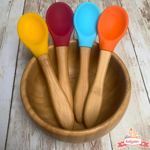 Baby Bamboo Feeding Spoon - 5.5" with Silicone Tip, BPA Free Toddler Food Spoons, Yellow 2 PACK