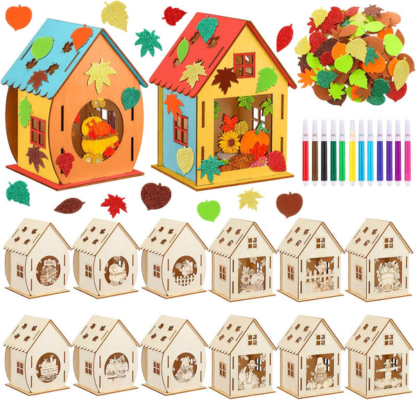 12 Sets Wooden Fall Halloween Houses, DIY Unfinished Craft Kit with Pumpkin Decor and Watercolor Pens