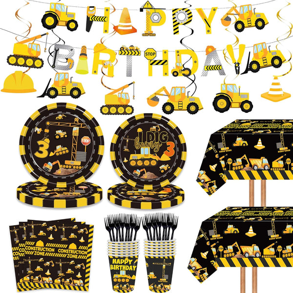 LetDec 132 Pcs Construction 3rd Birthday Party Supplies Dump Truck Theme Three Tableware