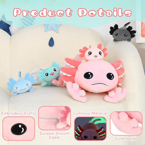Tezituor Giant Axolotl Stuffed Animal with 4 Babies Inside, 31.5" Soft Realistic Plush Pillow Toy for Boys Girls