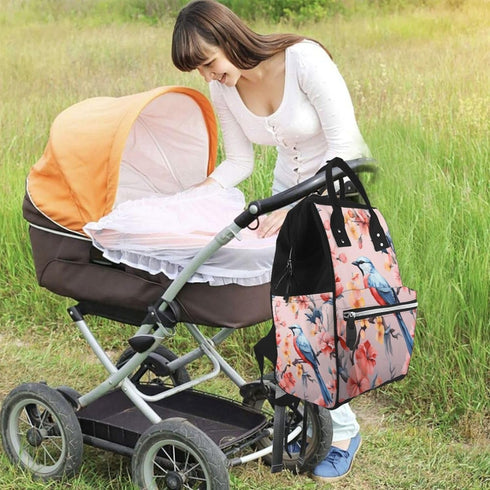 OUSIKA Backpack Daypacks Flower Birds Print Diaper Bag Multifunction Laptop Travel Large Nappy Bag, Black, One Size