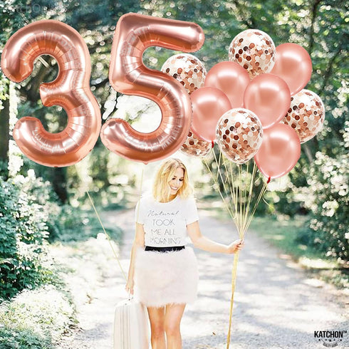 KatchOn Rose Gold 35 Balloon Numbers - 40 Inch Mylar Balloons for 35th Birthday Anniversary Decorations