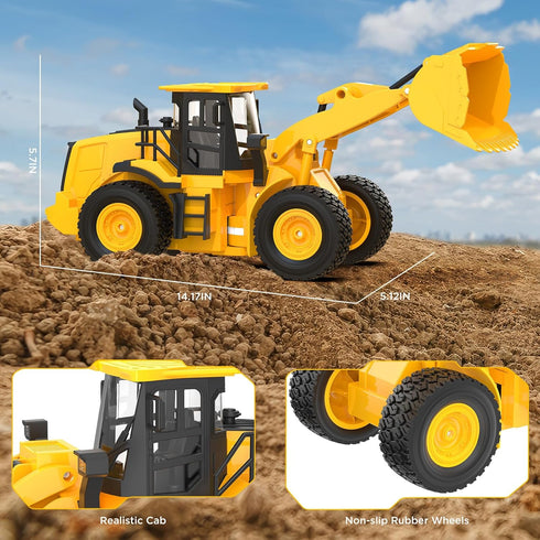 9-Channel 1:18 100-Minute Remote Control Wheel Loader Scale Construction Toy, Realistic Sounds & Lights, All-Terrain