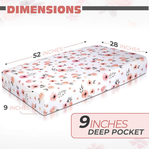 Pink Floral Girl Crib Sheet - 100% Combed Cotton, Breathable Watercolor Rose Baby Girl Crib Sheets