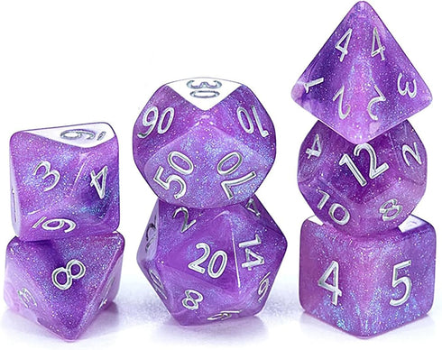 Gate Keeper Games Aether Dice: Amethyst, 7pc Set, Purple & White Glitter Swirl Resin Dice for RPGs