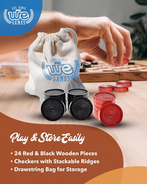 WE Games Wooden Checkers Pieces, 24 Red & Black Checker Pieces Only with Drawstring Storage Bag, 1.062-inch Diameter