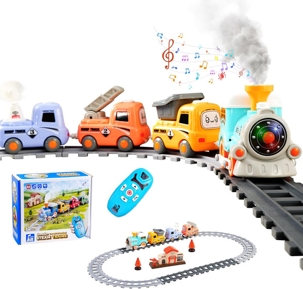 SIGHTEEDA Steam Train Set for Toddlers Cartoon Face Locomotive with Remote Control, Real