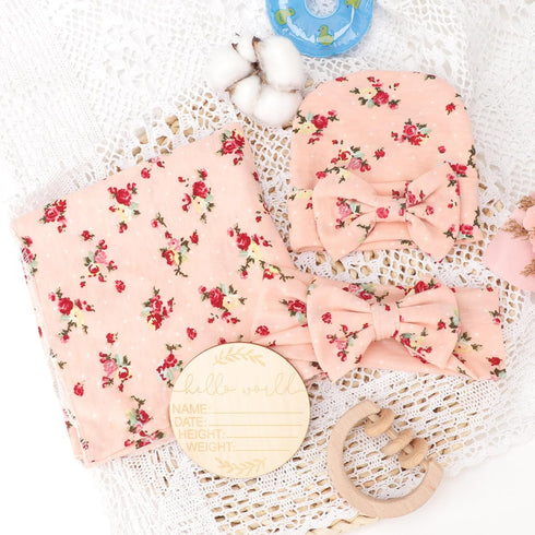 DRESHOW BQUBO Baby Girl Newborn Floral Receiving Blankets with Bow Hat, Wooden Birth Announcement Card Set