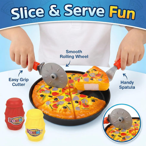 11 Set Playset PCS Pizza Party Toy Play for Kids, Pizza Pie Pretend Play Food - Slice and Serve Plastic Kitchen Cooking