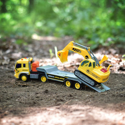 Maxx Action 17 3 Playset Vehicle Transport with Excavator Bright Lights and Construction Sounds | Friction Powered
