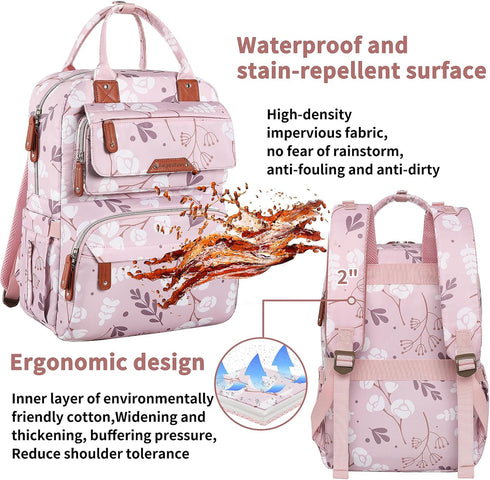Backpack Diaper Bag for Baby Girl, Multifunction Waterproof Diaper Bag for Mom Dad, Large Pink Floral Baby Diaper Bags
