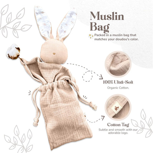 Mikito Organic Cotton Baby Muslin Lovey Bunny, Oeko-TEX & GOTS Certified, Security Blanket, Perfect Loveys for Babies