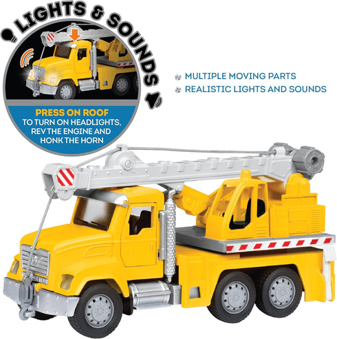 7-Inch 3+ Driven by Battat Crane Truck Toy with Lights & Sounds, Movable Parts, Construction Vehicle for Boys & Girls