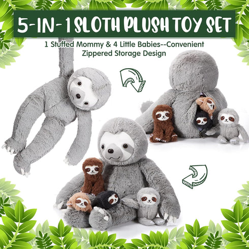 5 Set 13 Inch Mommy 4 Kasyat Pcs Sloth Plush Toy Sloth Stuffed Animal with Cute Baby Plushies in Zippered Belly