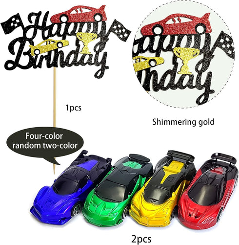 Cars Cake Topper Model Racing Car with Chequered Flag - Sports Themed Birthday Party Decor for Boys Kids