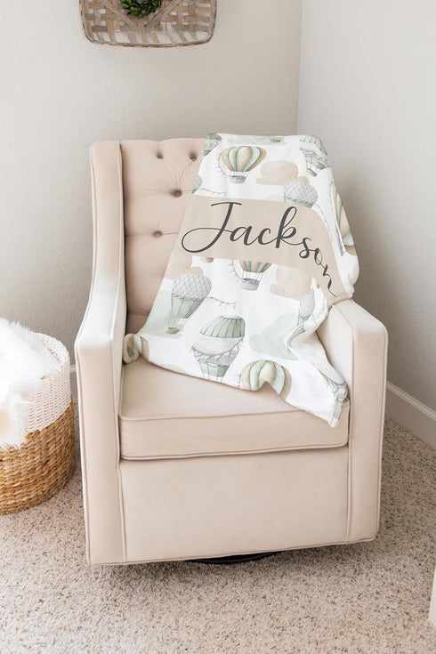 UnoCo Personalized Hot Air Balloon Baby Blanket, Hot Air Balloon Crib Bedding Boy, Baby Boy Blanket, Sage Green Nursery