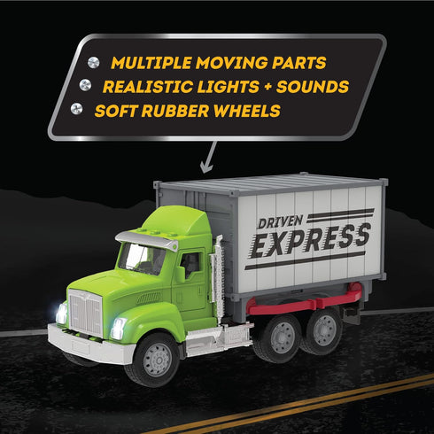 Driven by Battat Micro 1:24 Scale Toy Container Truck with Lights & Sounds for Kids - Realistic Delivery Truck