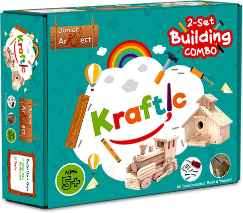 Kraftic Woodworking Building Kit | 2 Educational DIY Carpentry Projects for Kids and Adults | Build a Town Hall