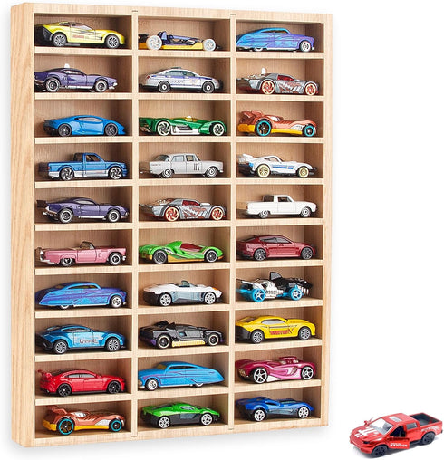 KISLANE Stylish Bamboo Wood Toy Cars Display Case with Removable Shelves for 30-Slot Wall-Mountable Organizer
