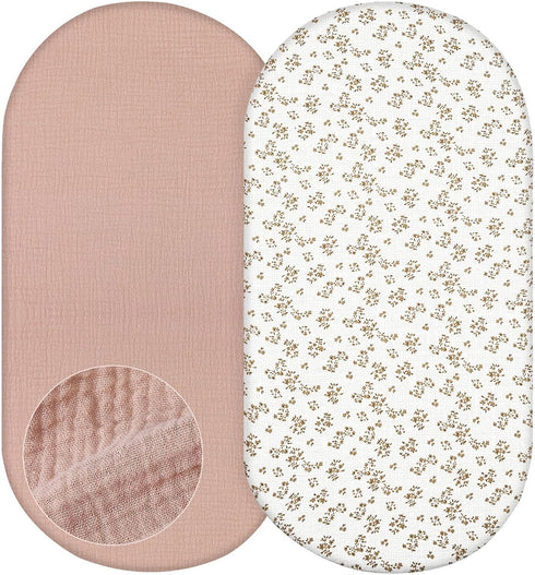 2 Pack Basumee Muslin Bassinet Sheets for Baby Girl Boy Soft Breathable Baby Bedside Bassinet Fitted Sheets with Bottom