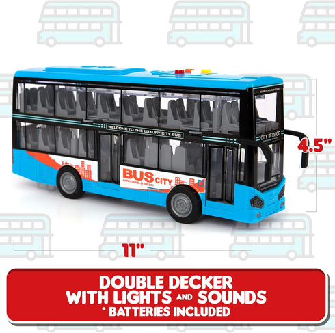 ArtCreativity Die Cast Double Decker Bus Toy with Lights & Sounds, Friction Powered for Kids