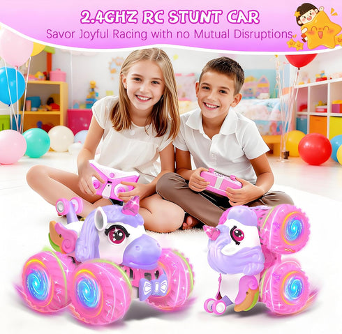 3+, 360 4WD 2.4 3 4-6 6-8 Remote Control Car for Girls, Unicorn Toys for Girls Age Rotating GHz RC Stunt Cars