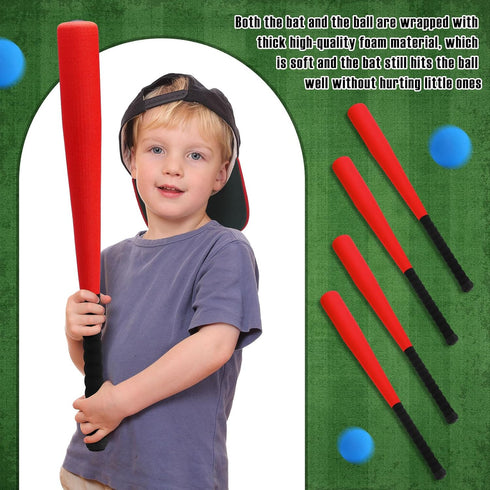Wettarn 4 Pieces Foam Baseball Bat 24 Inches with 4 Pcs Safe Soft Baseballs T Ball Set for Outdoor Indoor Sport Game
