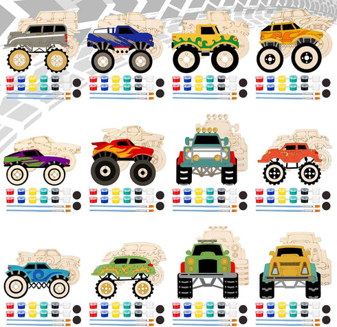 JellyArch 24 Pcs Monster Truck Party Favors Unfinished Wooden Truck Painting Set with