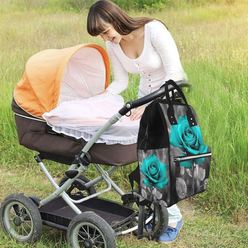 OUSIKA Backpack Daypacks Teal Grey Rose Print Diaper Bag Multifunction Laptop Travel Large Nappy Bag, Black, One Size
