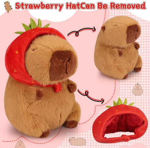 Emoin Capybara Plush Toy with Strawberry Hat 9.8Inch Kawaii Capybara Plushie Soft Brown Capybara Stuffed Animals Doll Pillow Strawberry Capybara Hugging Gift for Kids Adults