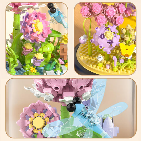 HI-REEKE Flower Dragonfly Bouquet Building Block Set, Micro Mini Botanical Building Toy for Women, 568 PCS